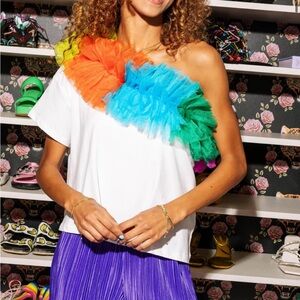 QOS one shoulder rainbow tulle top!